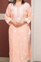 Dobby Cotton Chikankari Kurta with Lace Detailing